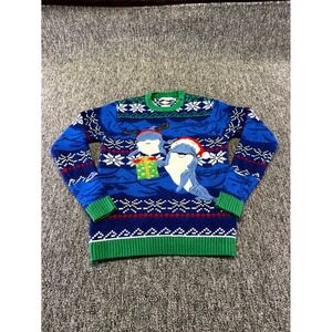 Celebrate Together Christmas Sweater Mens Small Blue Dolphin Ugly Knit Pullover